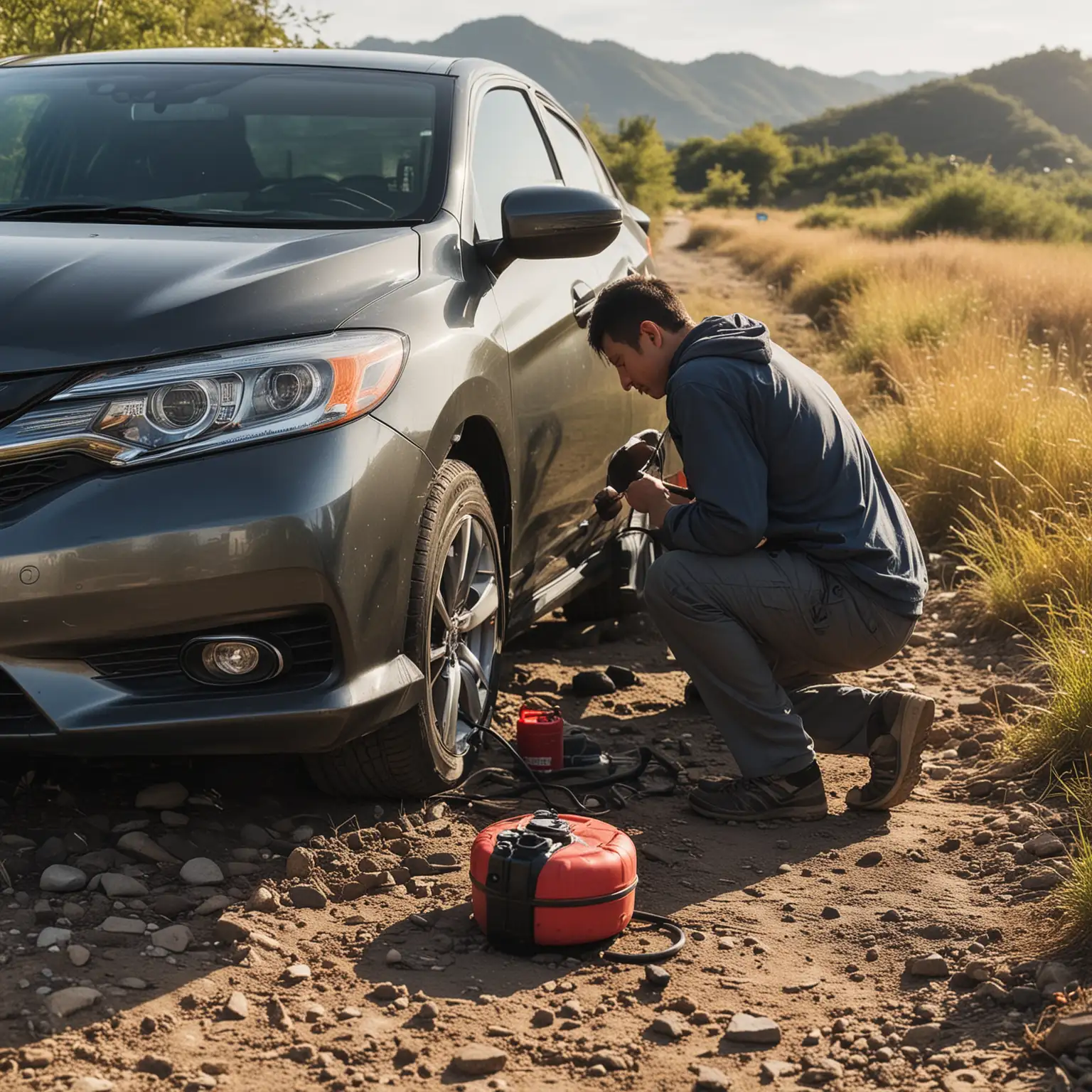 A Honda brand car is parked in the wild, a man took out an air pump and squatted next to the tire to prepare to inflate the tire, around 5 pm, sunny weather