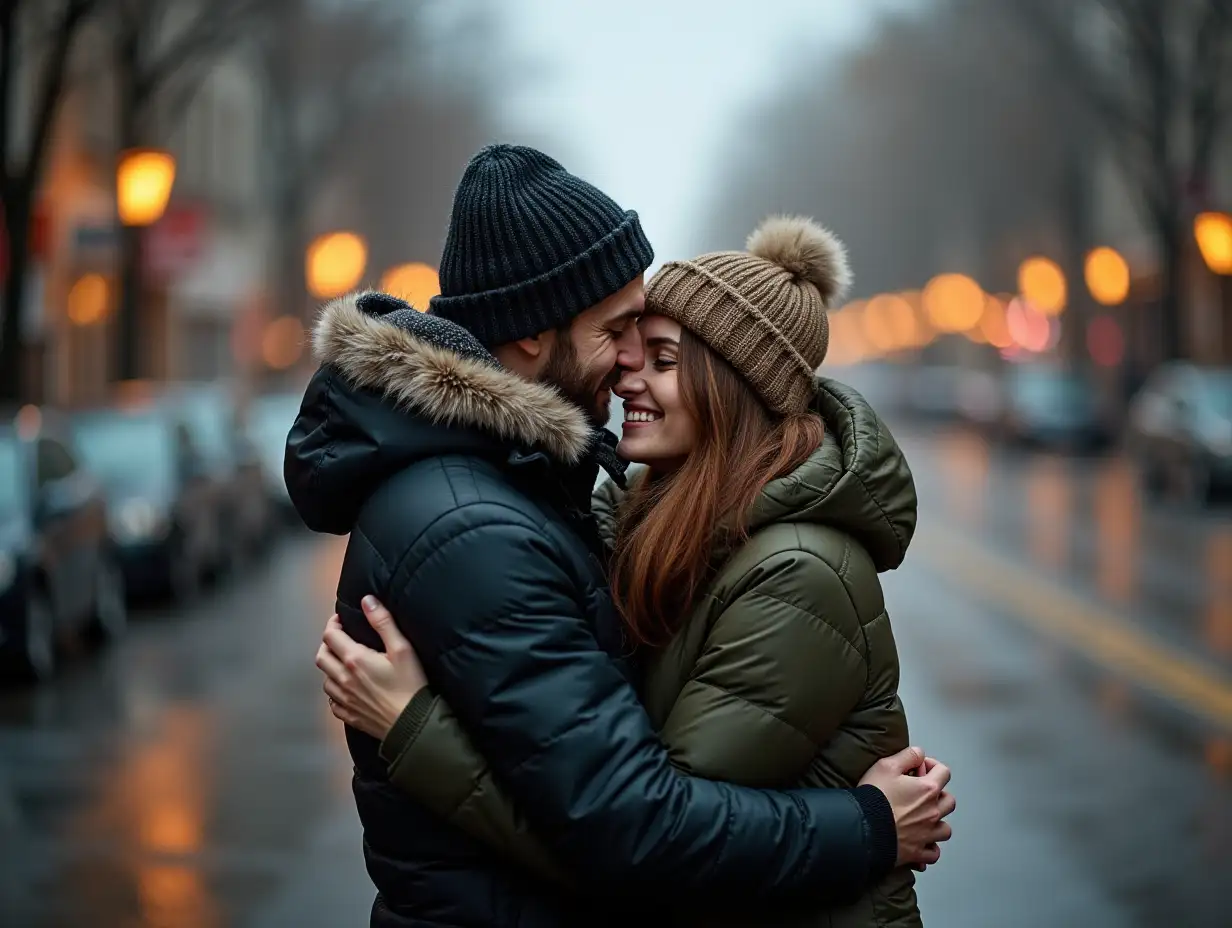 winter, rainy day, couple hugging in the street