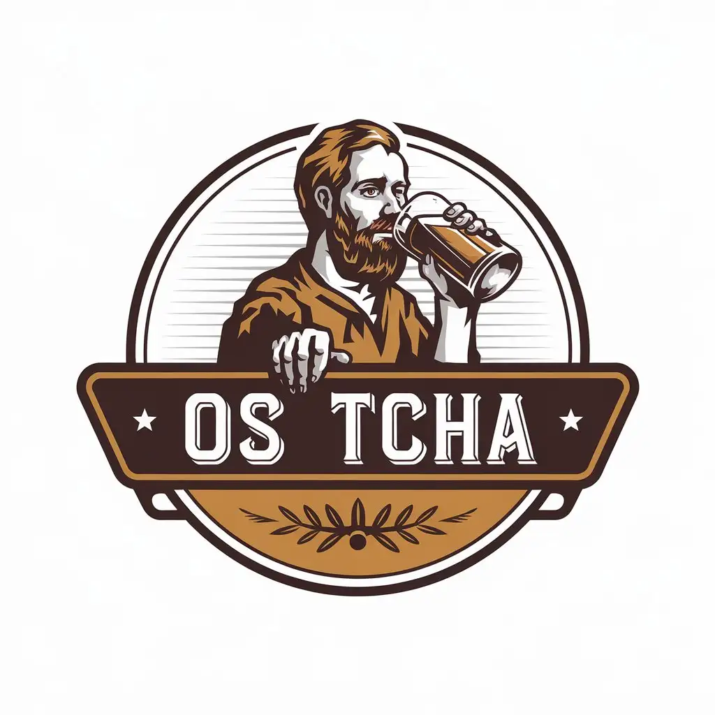 LOGO Design for Os Tcha Round Format with Beard Man Drinking Beer and Restaurant Industry Theme