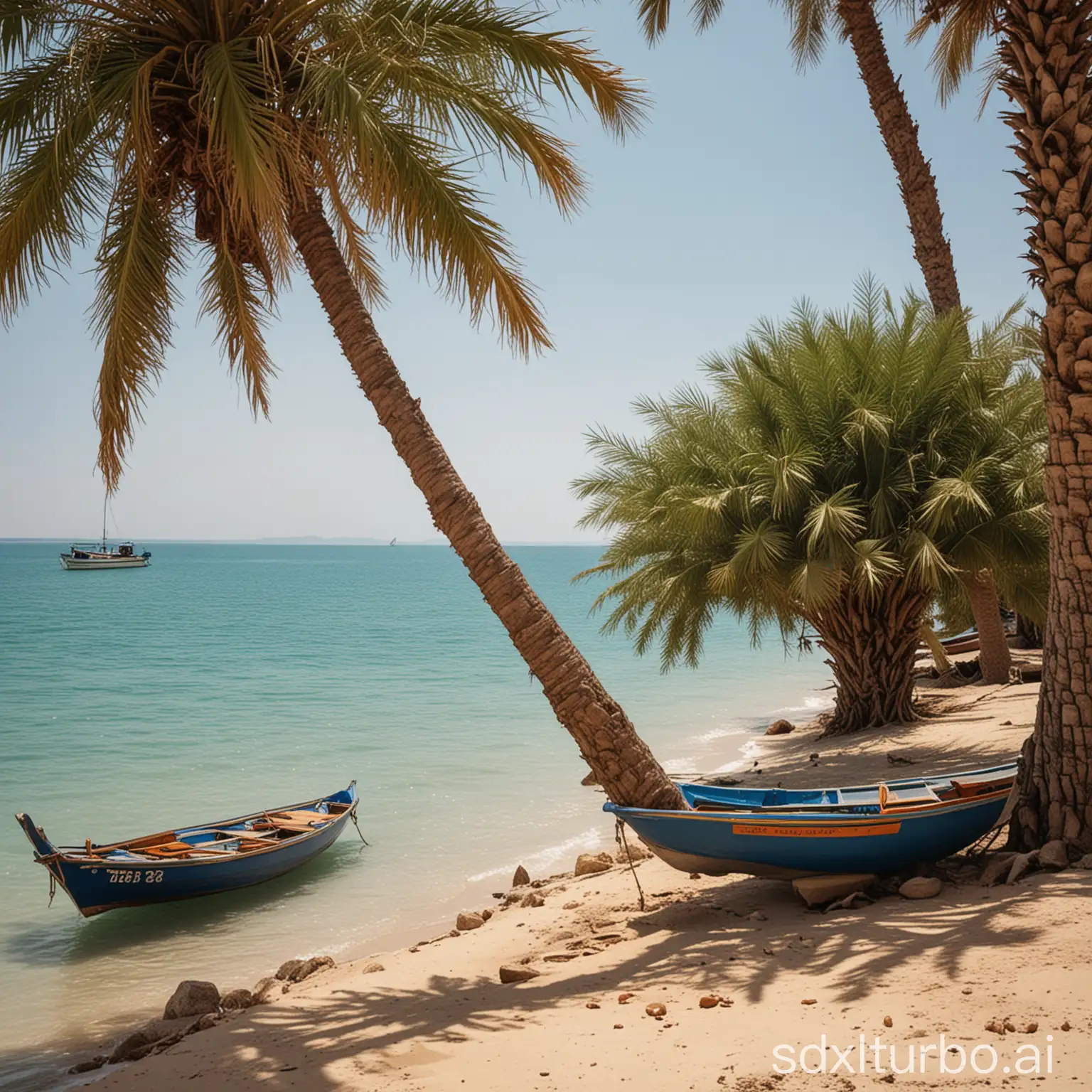 Man-Sleeping-Under-Date-Palm-Tree-by-Clear-Sea-with-Boats