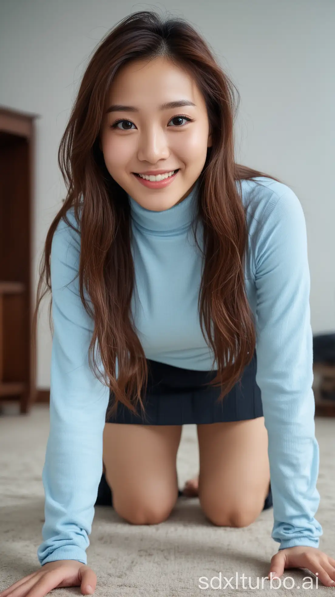 Chinese-Woman-in-Blue-Turtleneck-Crawling-in-a-Room