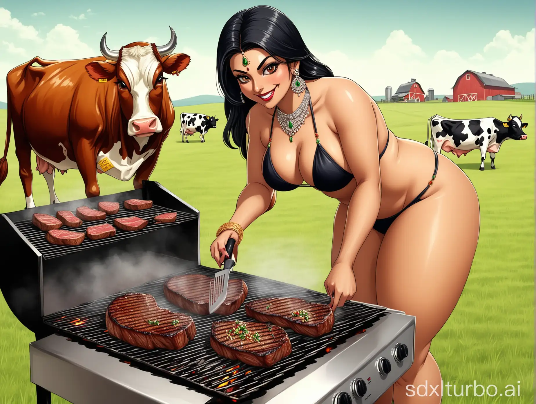 Indian-Woman-Cooking-Steak-on-Farm-with-Grazing-Cows