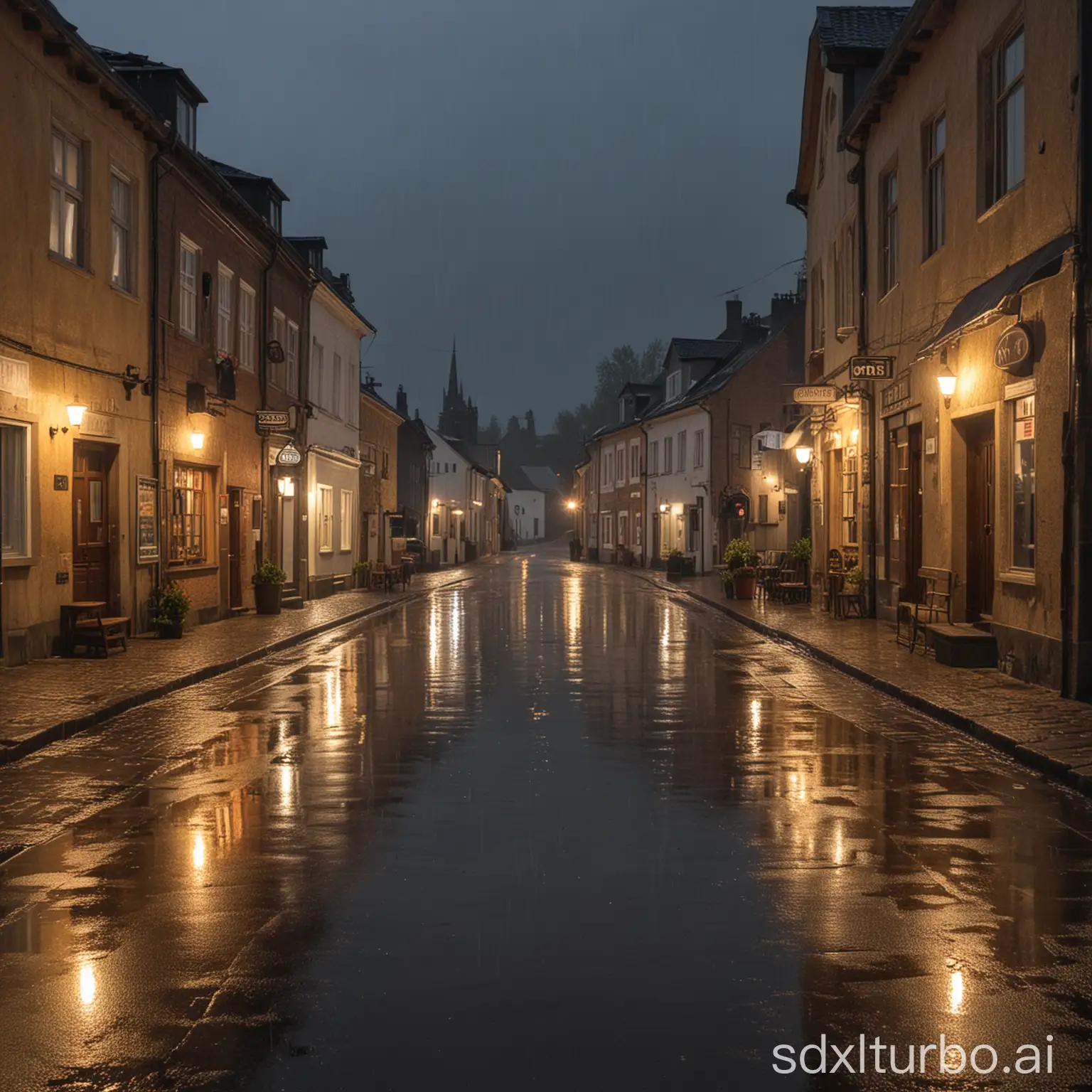 Cozy-Rainy-Evening-in-a-Picturesque-Small-Town