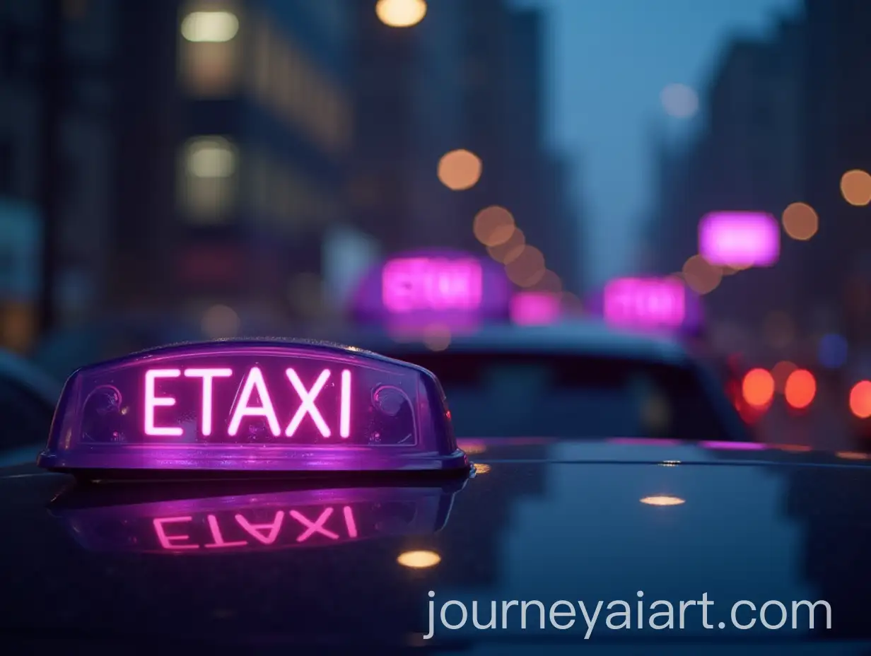Electric-Taxis-Driving-in-a-PurpleTinted-Cityscape