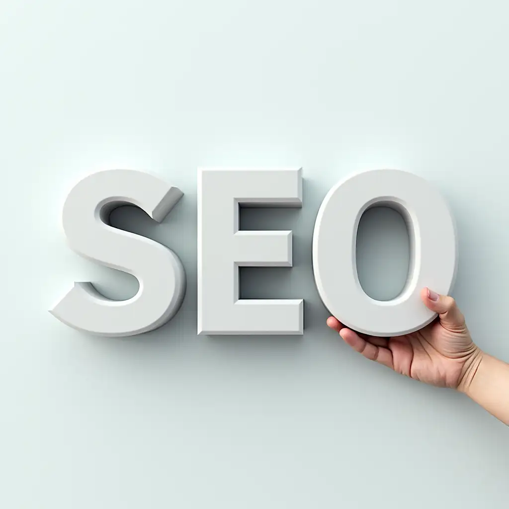 The image features three-dimensional letters spelling 'SEO,' representing the importance of search engine optimization. The letters are designed to appear realistic, with a textured finish that enhances their depth. A hand is positioned near the letter 'O,' actively engaging in the optimization process, symbolizing human involvement in digital marketing. The background consists of a subtle, light-textured surface, providing a clean and professional look. This image can effectively illustrate themes of SEO, online marketing, and website development, emphasizing a modern and dynamic approach