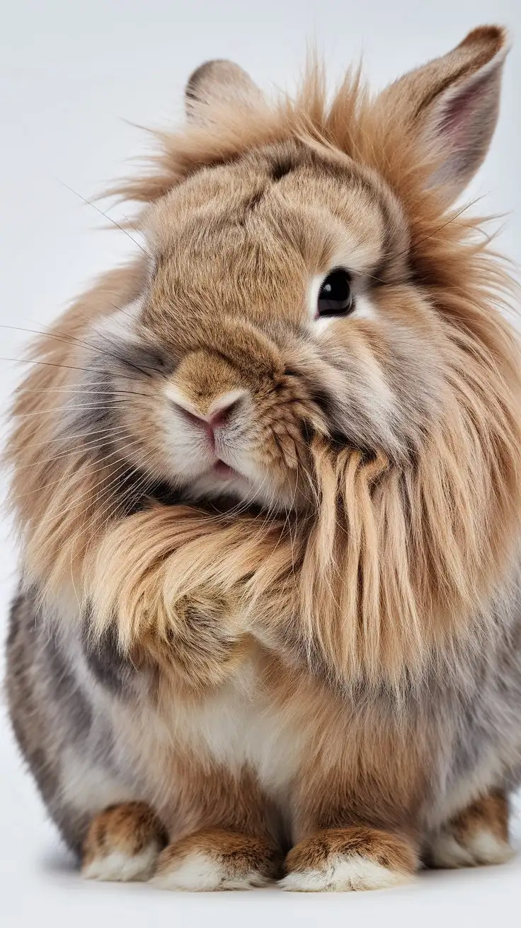 Closeup-Portrait-of-a-Lionhead-Bunny-Grooming-Itself-with-Fluffy-Mane