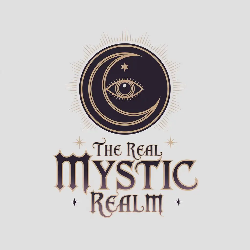 LOGO Design for The Real Mystic Realm Black Dark Purple Gold with Third Eye or Crescent Moon Symbol