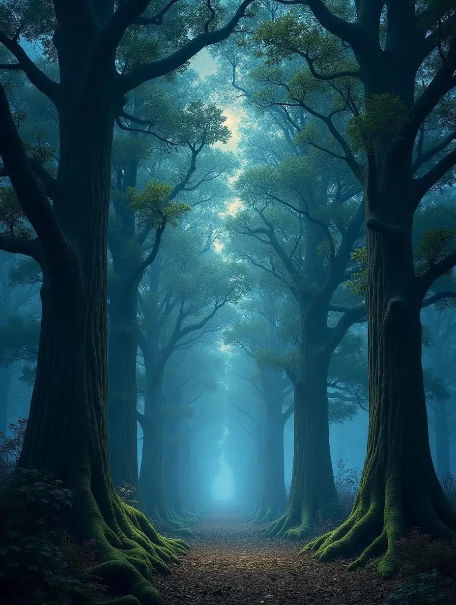 In the enchanted night forest, magic and dreams are intertwined with the towering trees. The hearts of the forest hold the hopes and aspirations of all who enter. This striking image, reminiscent of the style seen in 'The Lord of the Rings,' transports viewers to a realm of fantasy and wonder. Each tree stands tall and majestic, their branches reaching for the starlit sky. The scene is imbued with a sense of mystery and ancient power, captured with exquisite detail and vivid colors. The overall quality of the image is truly breathtaking, inviting viewers to immerse themselves in this mystical world.