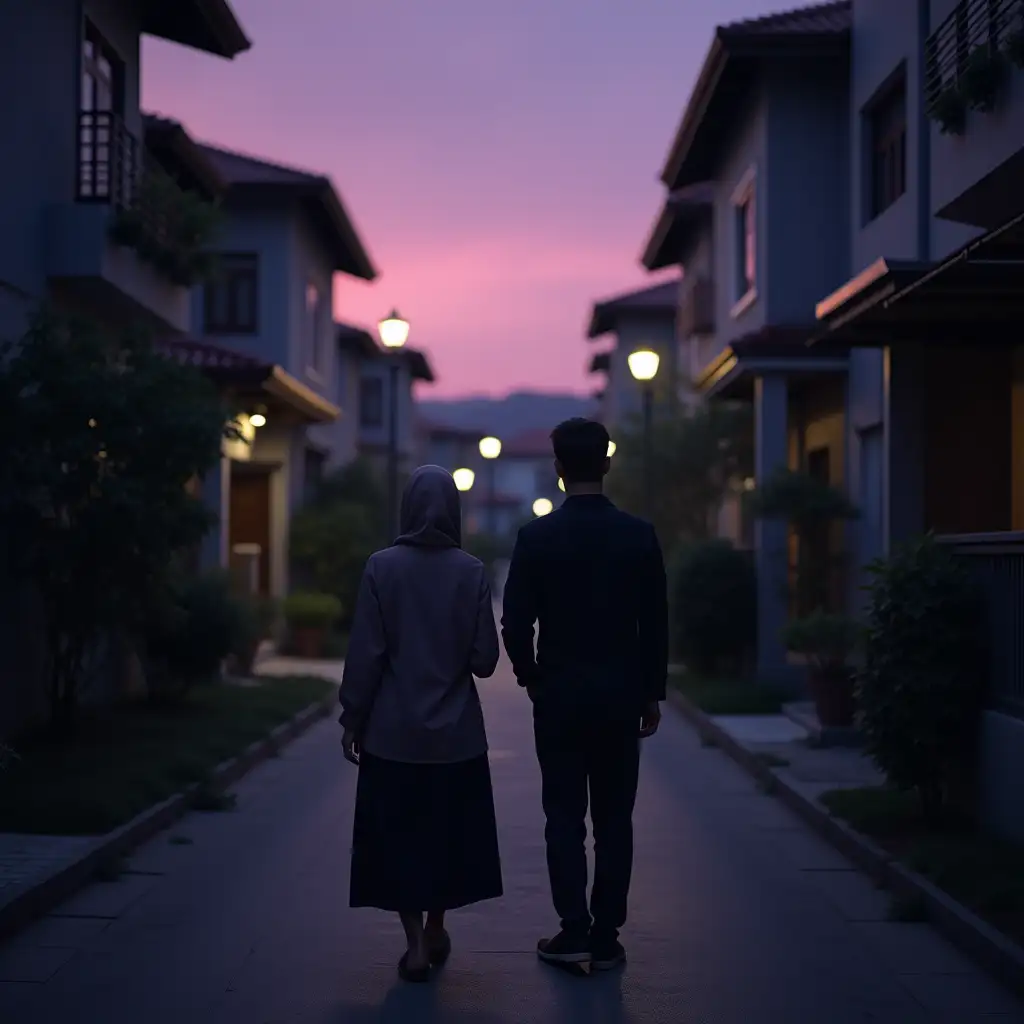 Couple-Walking-on-Narrow-Gully-Road-at-Dusk-with-Purple-Sky