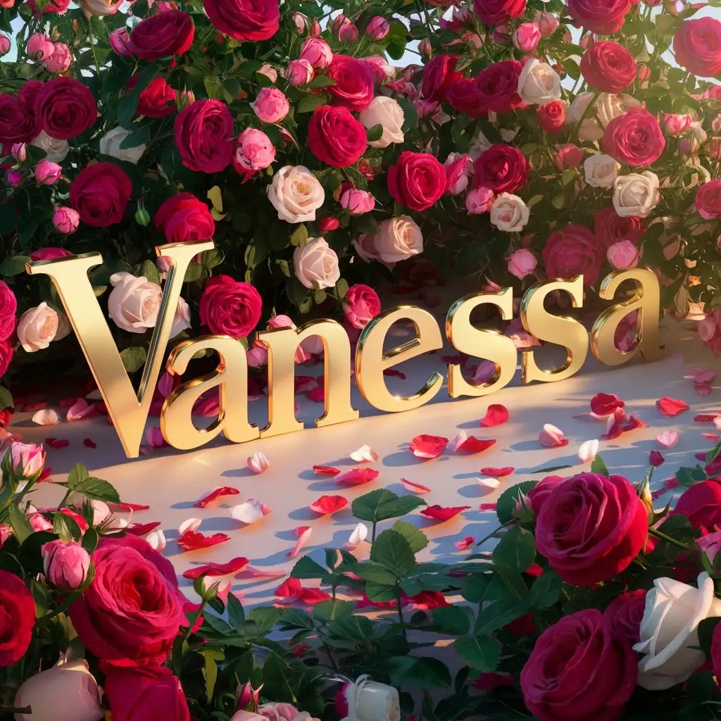 Create Vanessa  name in 3D with gold letters in the middle of a rose garden