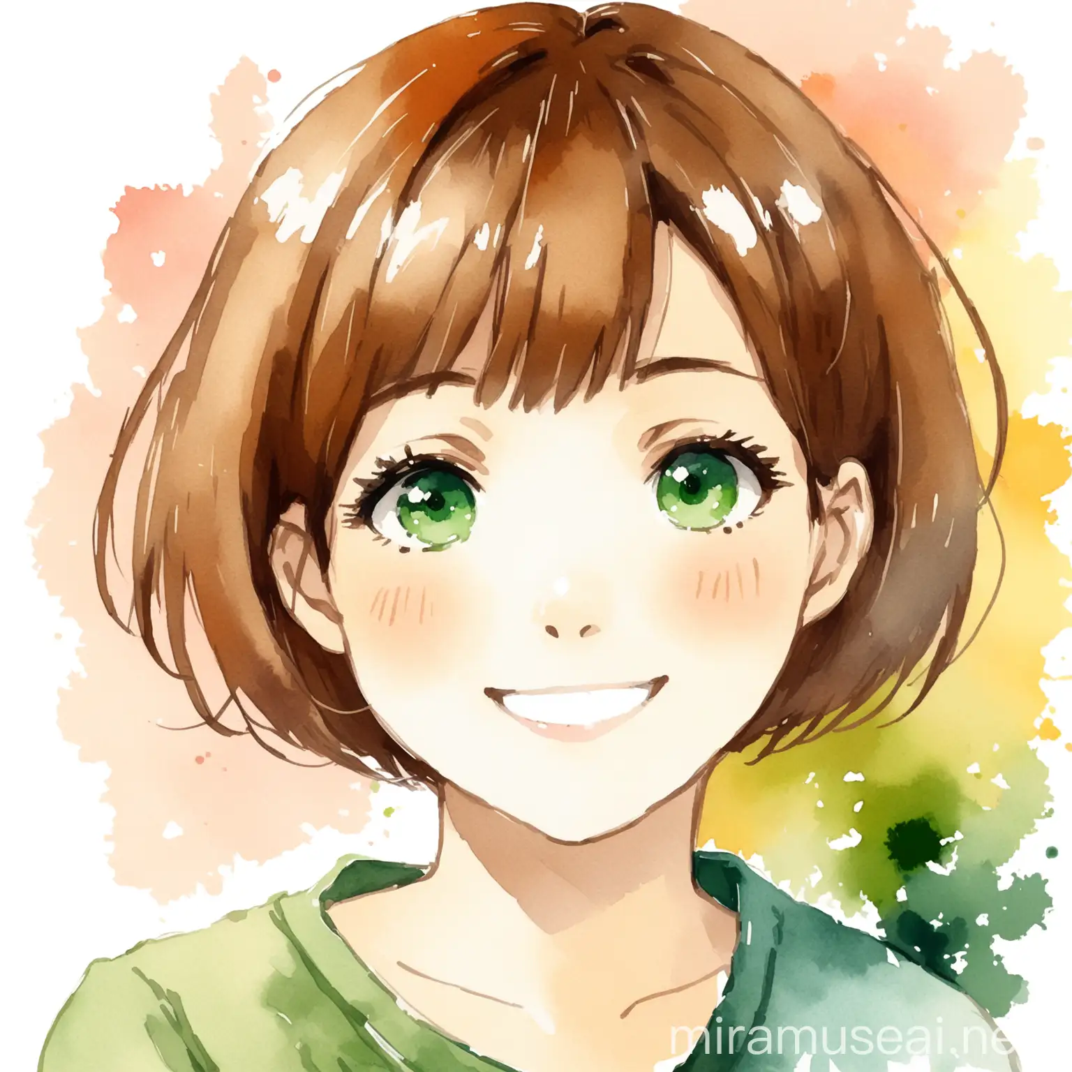 Smiling BrownHaired Girl in Watercolor Style with Green Eyes