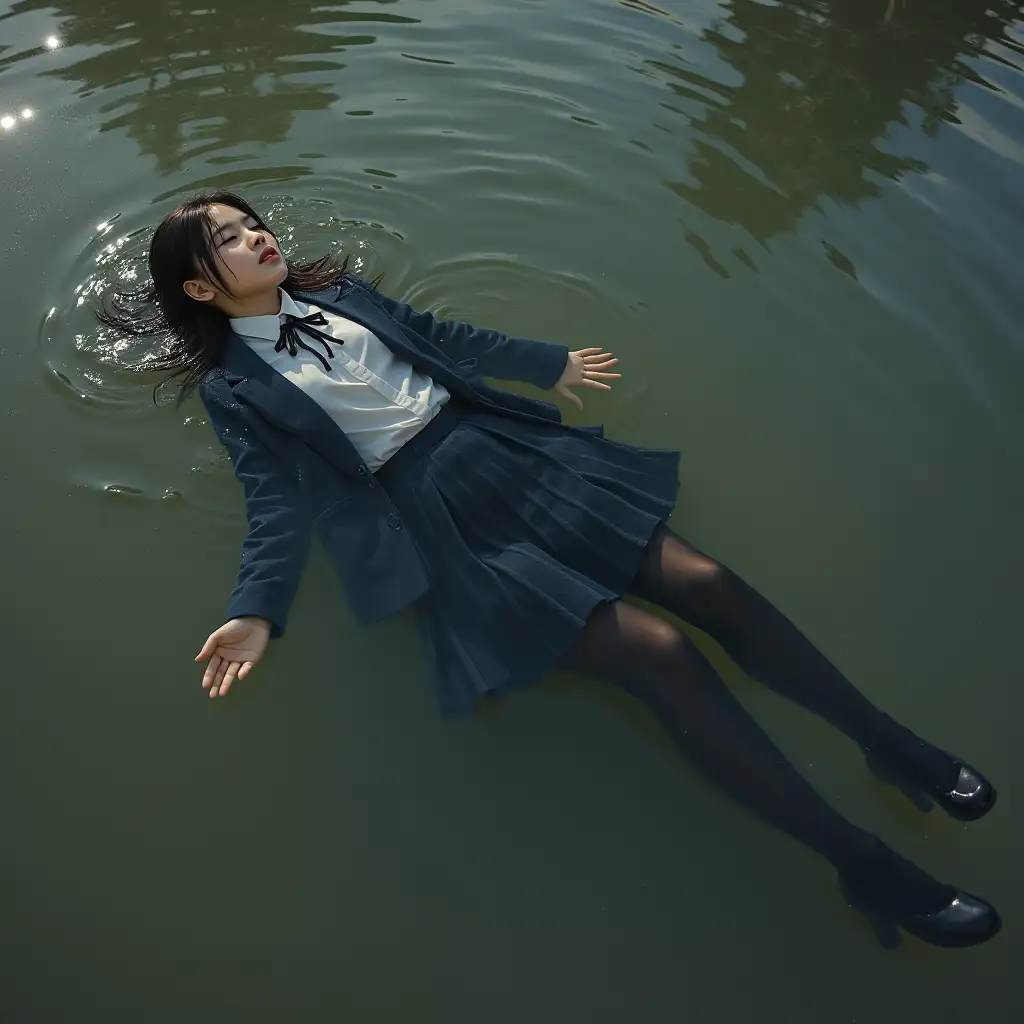 Schoolgirl in a school uniform, in a skirt, jacket, blouse, dark tights, high-heeled shoes. She is swimming in a dirty pond, lying underwater, all her clothes are completely wet, wet clothes stick to her body, the whole body is underwater, submerged in water, under the surface of the water, below the water's edge.