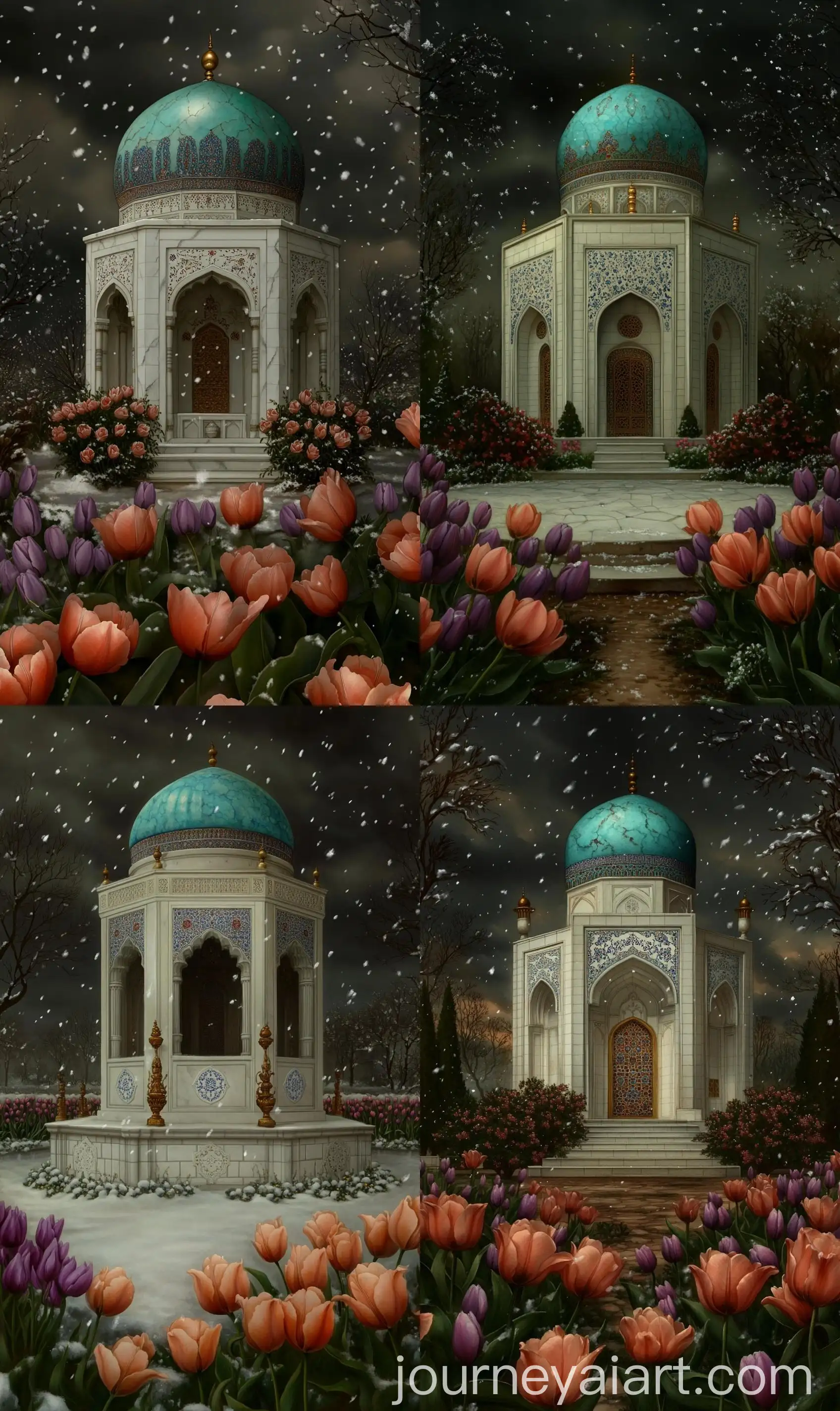 Watercolor-Painting-of-Octagonal-Mughal-Shrine-with-Turquoise-Dome-and-Lavender-Tulip-Courtyard