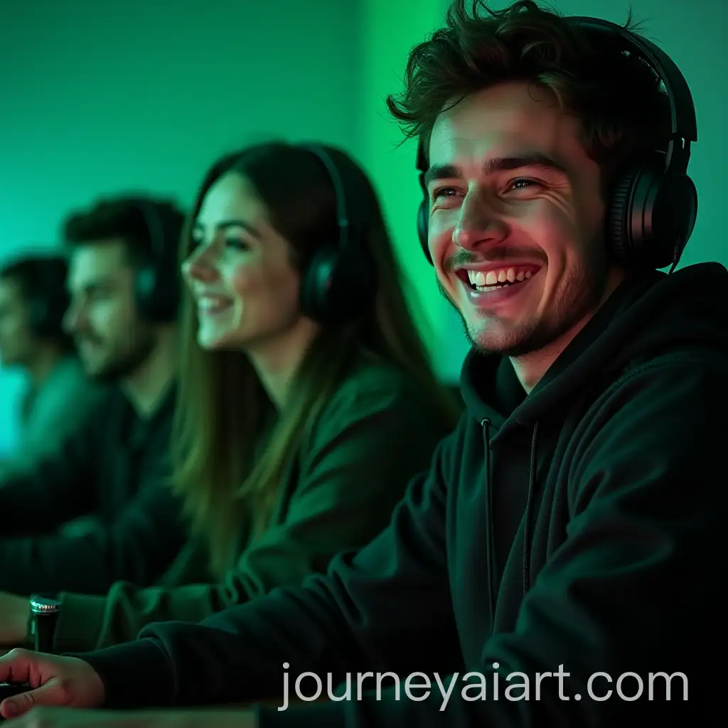 Cheerful-Group-of-Gamers-Enjoying-a-Computer-Club-with-Green-Lighting