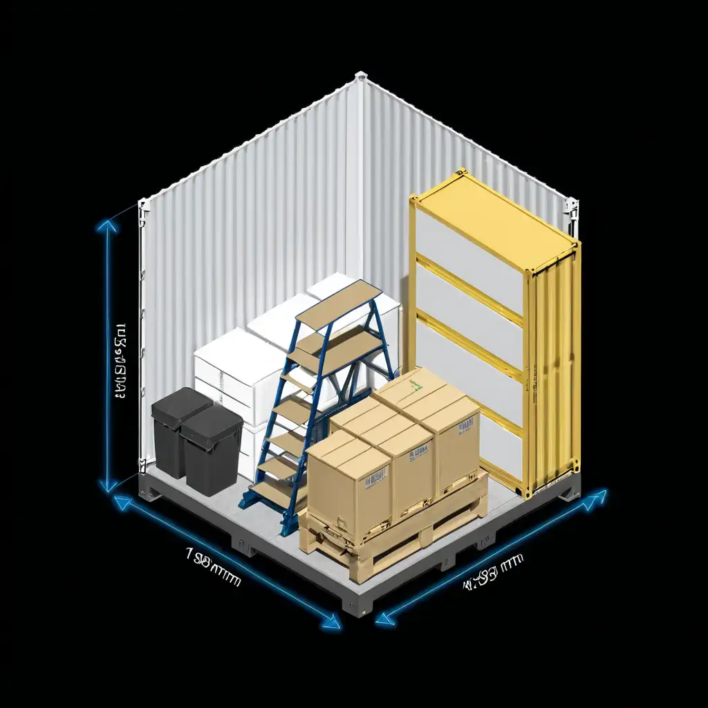 Storage-Container-4m2 , make sure the image is fully in screen , add dimensions  L x B x H: 1973 x 1859 x 1940 mm , total 4m2 make sure no text on the walls,no text in the image , high detailed