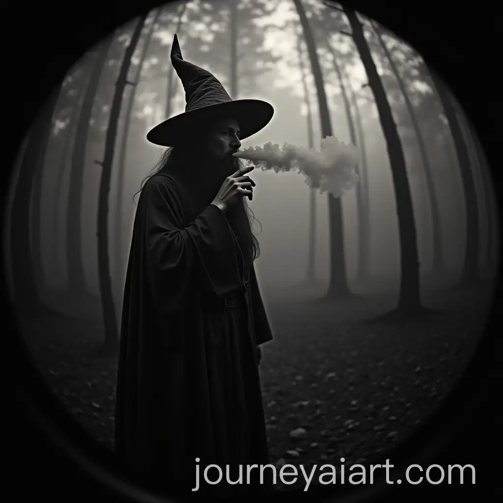 Wizard-Smoking-in-a-Forest-at-Night-Black-and-White-Security-Cam-Style