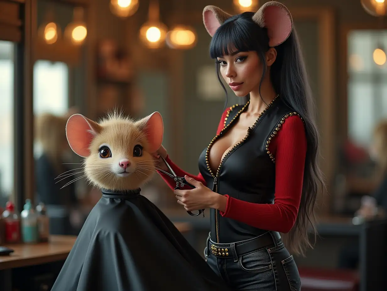 Full-body professional photo of a beautiful attractive fit curvy female hair dresser in her salon. (She's in profile, not looking in the camera.) She has an oval face with a well-defined jawline, thin high-angled soft-rounded eyebrows, almond-shaped eyeliner-framed chestnut eyes, a straight nose with mouse whiskers, full bow-shaped lips, mouse ears and, fused to her coccyx, tail. She has a fringe and long, straight, blueish black hair. She dons a black satin vest with golden frills, a v-necked scarlet jersey leaving plenty of cleavage, a sturdy studded belt, black tapered ripped acid-washed jeans, and pastel-green Sk8-Hi vans. With a scissor in her hand, her full focus is on styling a blonde male anthropomorphic mouse customer.