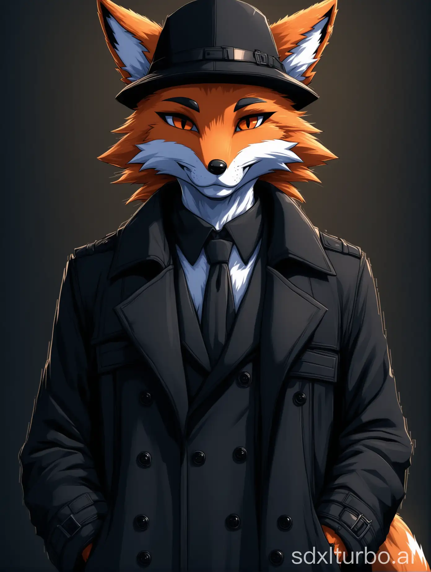 fox furry, wearing a black trench coat hat, hacker, 8k, full face