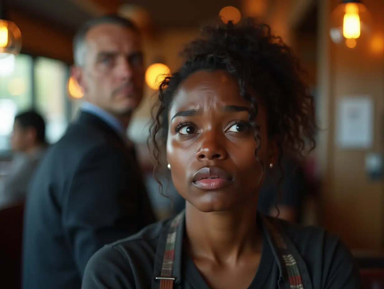 A Black female waitress in a restaurant crying with visible tears on her face. Behind her, a white male boss in a suit is standing angrily. tense atmosphere. daylight,realistic