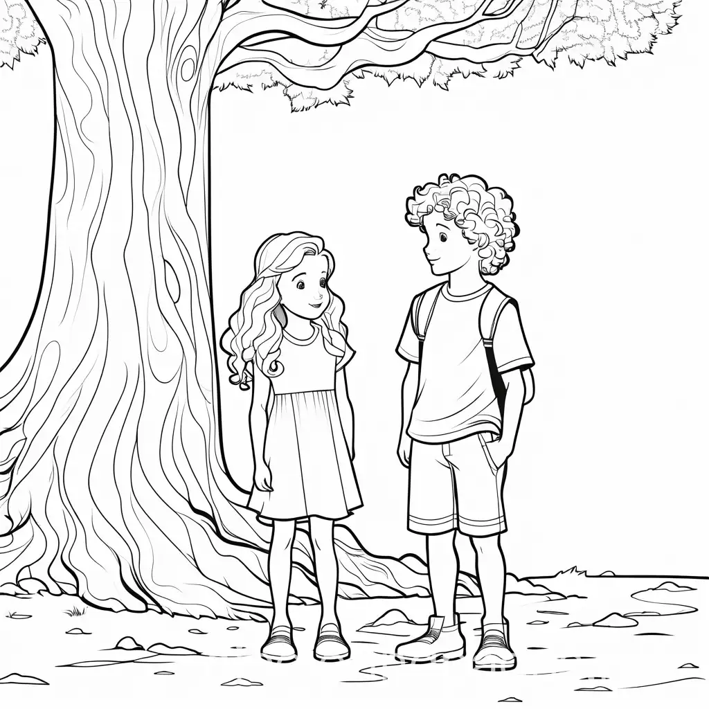 little boy with blonde curly hair and a little girl with long blonde straight hair, standing alone at the base of a large tree, Coloring Page, black and white, line art, white background, Simplicity, Ample White Space.