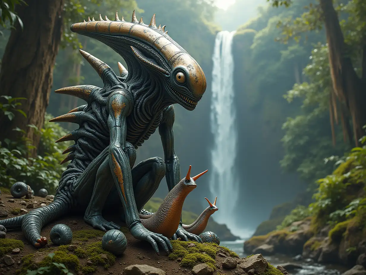 Hyperrealistic portrait of a 15 meter tall Metal Alien King with hair along with different small alien creatures with hair and giant alien snailIIc with the elaborately detailed, colorful with rainforest, waterfall, see plants background