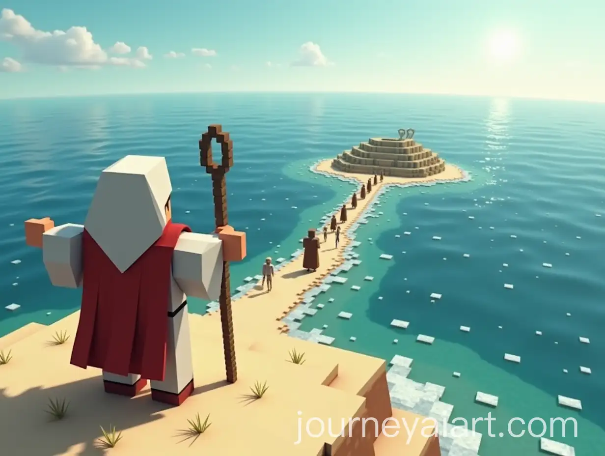 Minecraft-Character-in-Red-and-White-Cloak-Parting-the-Sea-in-the-Desert-with-People-Walking-Through