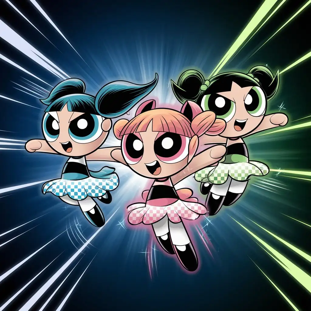 Create a high-resolution digital illustration of three Powerpuff Girls, reimagined with a contemporary cartoon style. Each girl features oversized, expressive eyes, minimalist round heads, and compact bodies with vibrant, stylized dresses—one in teal, one in peach, and one in green. They hover mid-air in bold, action-packed poses with confident, lively expressions. The background should feature a dynamic burst of neon gradients and modern motion lines, radiating energy and movement. The overall aesthetic should blend clean vector-style lines, vivid flat colors, and playful energy while capturing a heroic yet updated 2020s cartoon feel
