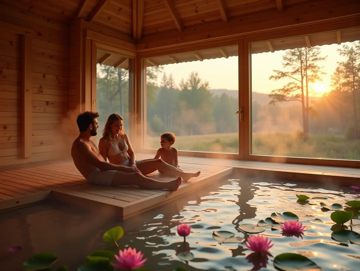 a cheerful family of a man and a woman and their small child on wooden racks inside a wooden sauna with no water under their feet and no pools - these are steaming surrounded by steam and around them the interior is dry and there is no pool or any water, but only wooden platforms and steam is coming - the whole interior is decorated with wooden dry boards of expensive - including the floors, and one of the walls of the sauna is a large single panoramic window from floor to ceiling and wide, and just outside the sauna there is a huge eco-pond with a lot of pink lily pads, on the other side of this pond there is only 1 small one-story chalet house, this house has the appearance of a one-story a chalet with a gable tiled roof, each roof slope is smooth without bending, this chalet house is built from a system of wooden beams consisting only of vertical wooden beams, and only in the half-timbered style, and glass walls between the glass beams -  these are panoramic windows in all walls from the floor to the roof, that is, each wall is a panoramic window, at sunset and in the reflections of sunset light, the view of the foreground is in focus, and the background is blurred, realistic