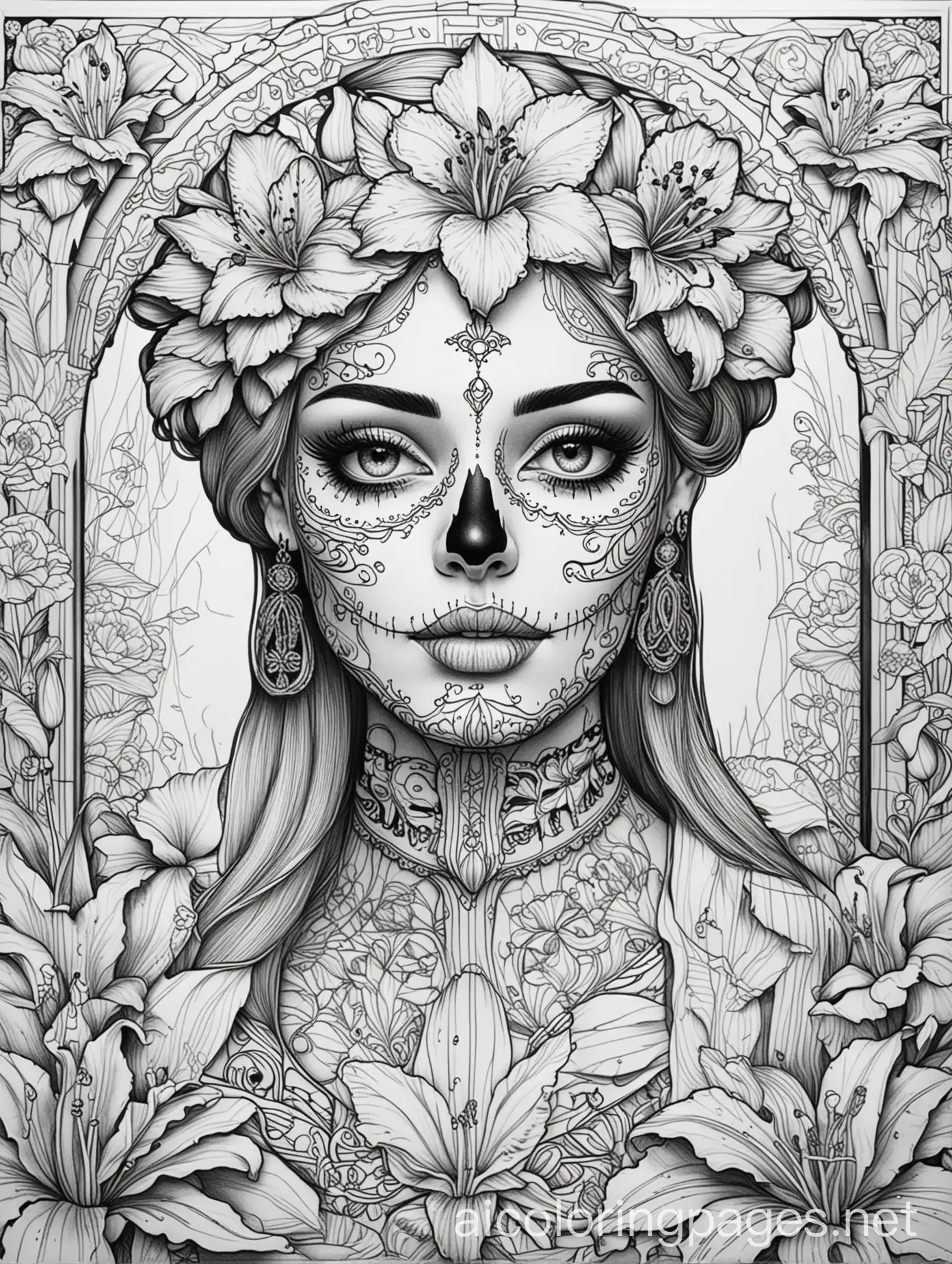 Day-of-the-Dead-Skeleton-Makeup-Coloring-Page-with-Stained-Glass-Lily-Flowers-Pattern