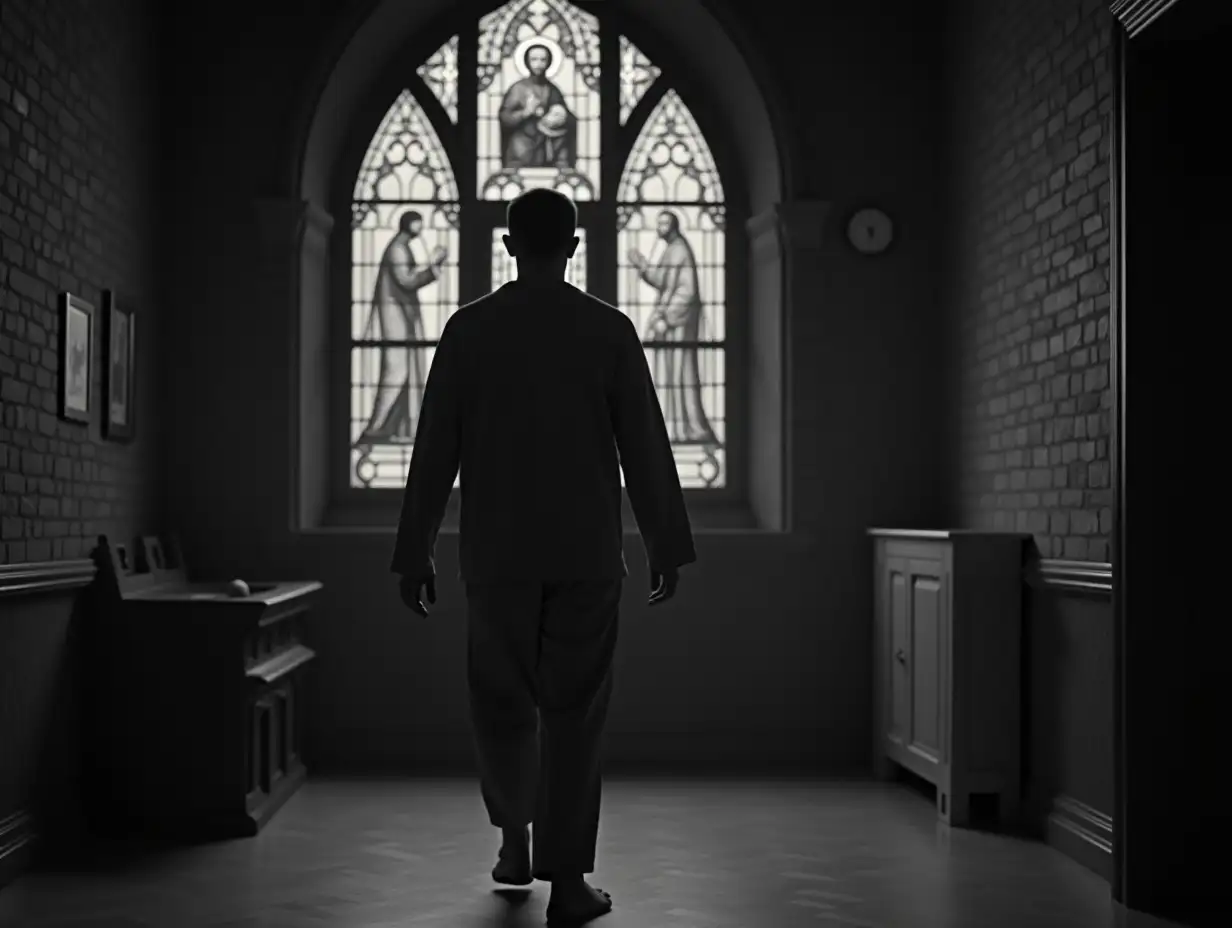 Clumsy-Patient-Walking-in-a-1940s-Style-Castle-Corridor-with-Stained-Glass-Windows