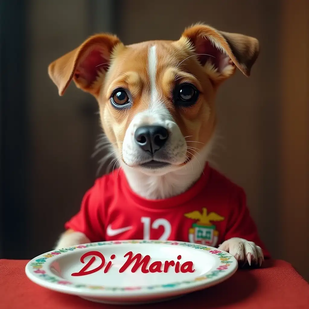 Image of a dog with a plate saying Di Maria and is from Benfica. With the shirt of sport Lisbon and Benfica dressed