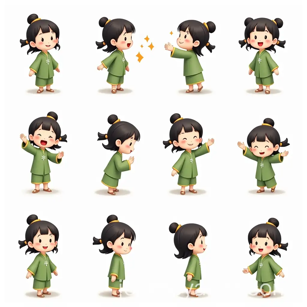 CartAI-Art-Prompt-ExpansionoonStyle-Little-Girl-in-Traditional-Green-Attire-with-9-Expressions