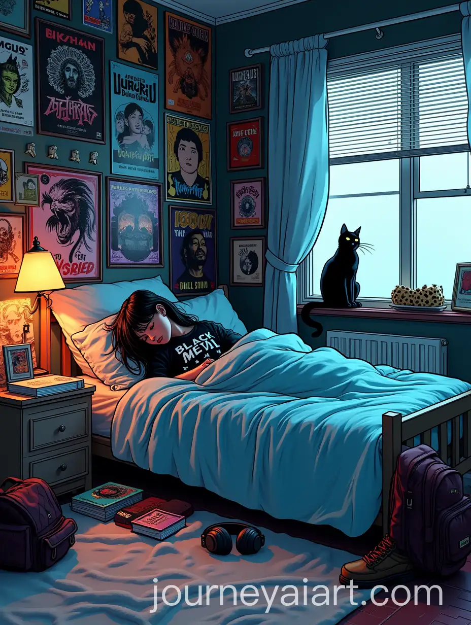 Girl-Sleeping-in-Bed-with-Band-Posters-and-Cat-in-Scott-PilgrimInspired-Comic-Style