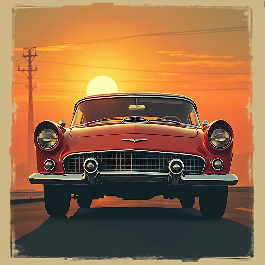 Retro vintage style: Classic car with a sunset background