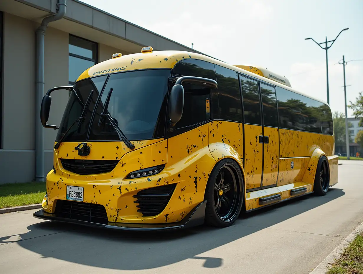 Supermoderne utopische Sport Auto Omnibus yellow Black Camouflage  color,lowered body, 18-inch rims, aluminum wheels, Cyberpunk.