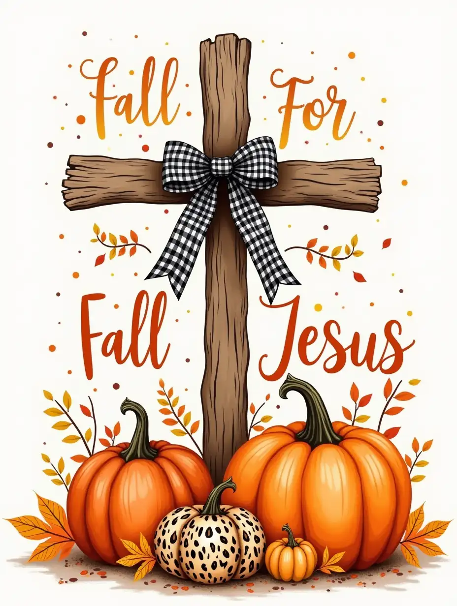 Vector, Alcohol Ink Art . Design a warm and autumn-inspired image featuring the phrase 'Fall For Jesus He Never Leaves' in bold, stylized text. Incorporate a rustic wooden cross adorned with a black and white gingham ribbon. Surround the cross with large, vibrant orange pumpkins, some featuring patterned textures like leopard print and plaid. Add small details like colorful fall leaves scattered around the scene. The design should blend earthy tones and cozy fall elements, with an uplifting, spiritual theme that highlights the warmth of both the season and faith.