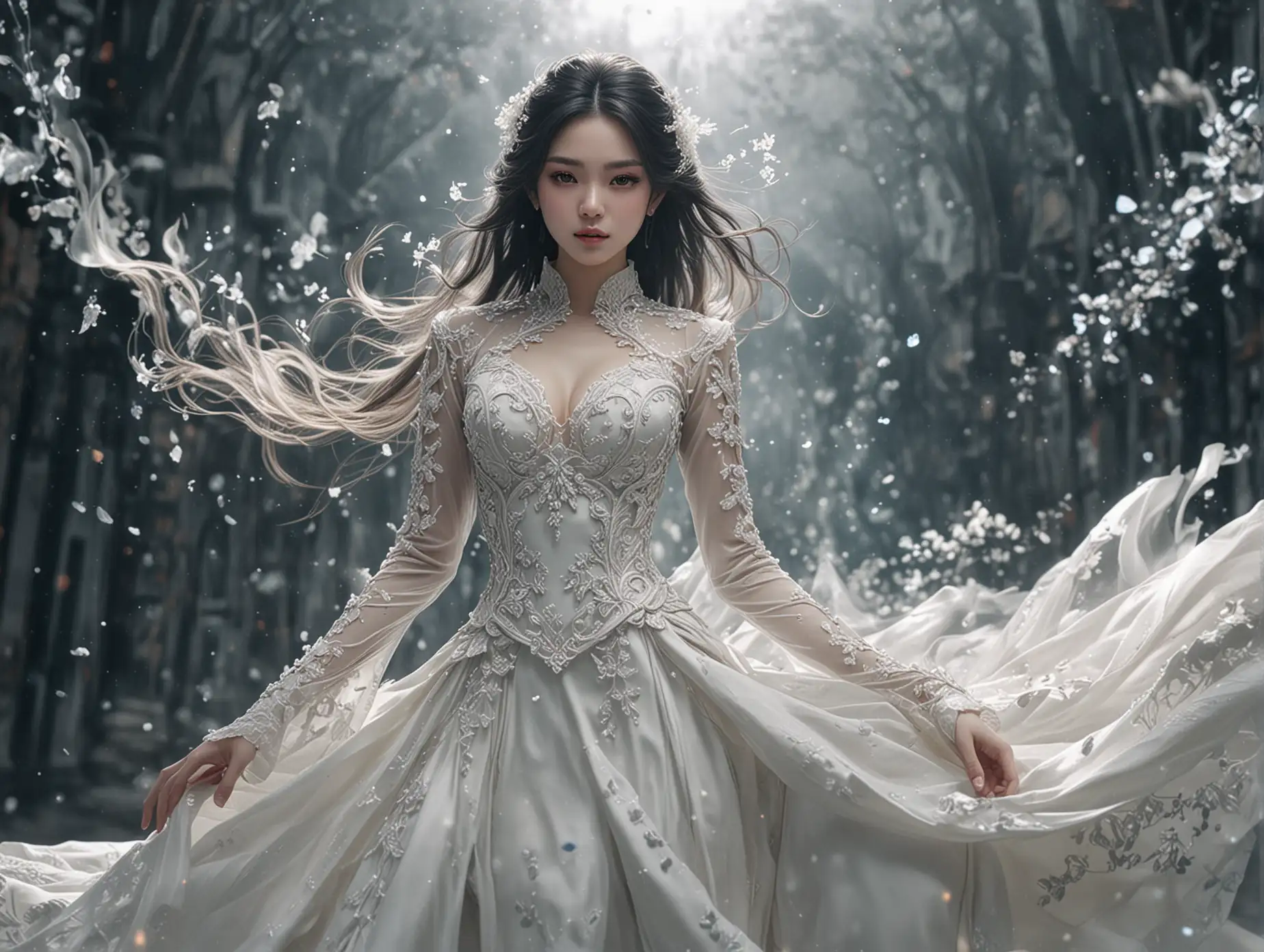 (Masterpiece, Top Quality, Best, Official Art, Beautiful and Aesthetic, Long Exposure: 1.2), Smooth Movement, Charming Patterns, 1 evil China's Girl, (Long wedding Dress with Sleeves: 1.3), (((White Clothes) )), lower body close-up, bare shoulders, evil girl, blush, black lob hair, long hair, portrait, solo, lower body, looking at the observer, detailed background, detailed evil face, (crystallineAI, crystalline theme:1.1), elemental wind elves, rotation Wind, control the wind, white crystal clothing, (white boots) dynamic pose, floating particles, ethereal dynamics, whirlwind, vapor, whirlwind in the background, white tone, whirlwind, ethereal atmosphere, ((big breasts)), (sexy full body)), (white tights)