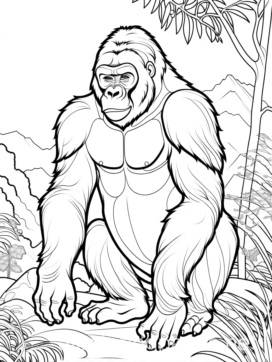 gorilla, Coloring Page, black and white, line art, white background, Simplicity, Ample White Space. The background of the coloring page is plain white to make it easy for young children to color within the lines. The outlines of all the subjects are easy to distinguish, making it simple for kids to color without too much difficulty