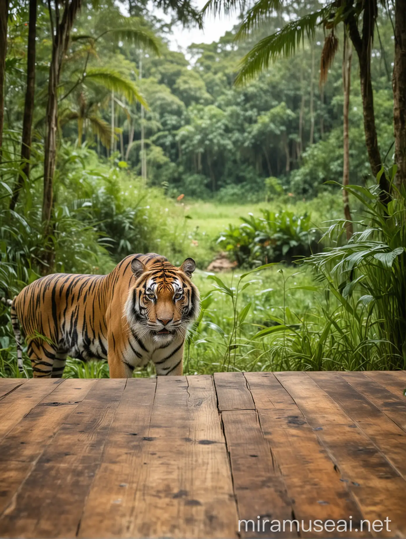 Table in Tropical Rainforest with Blurred Tiger Background