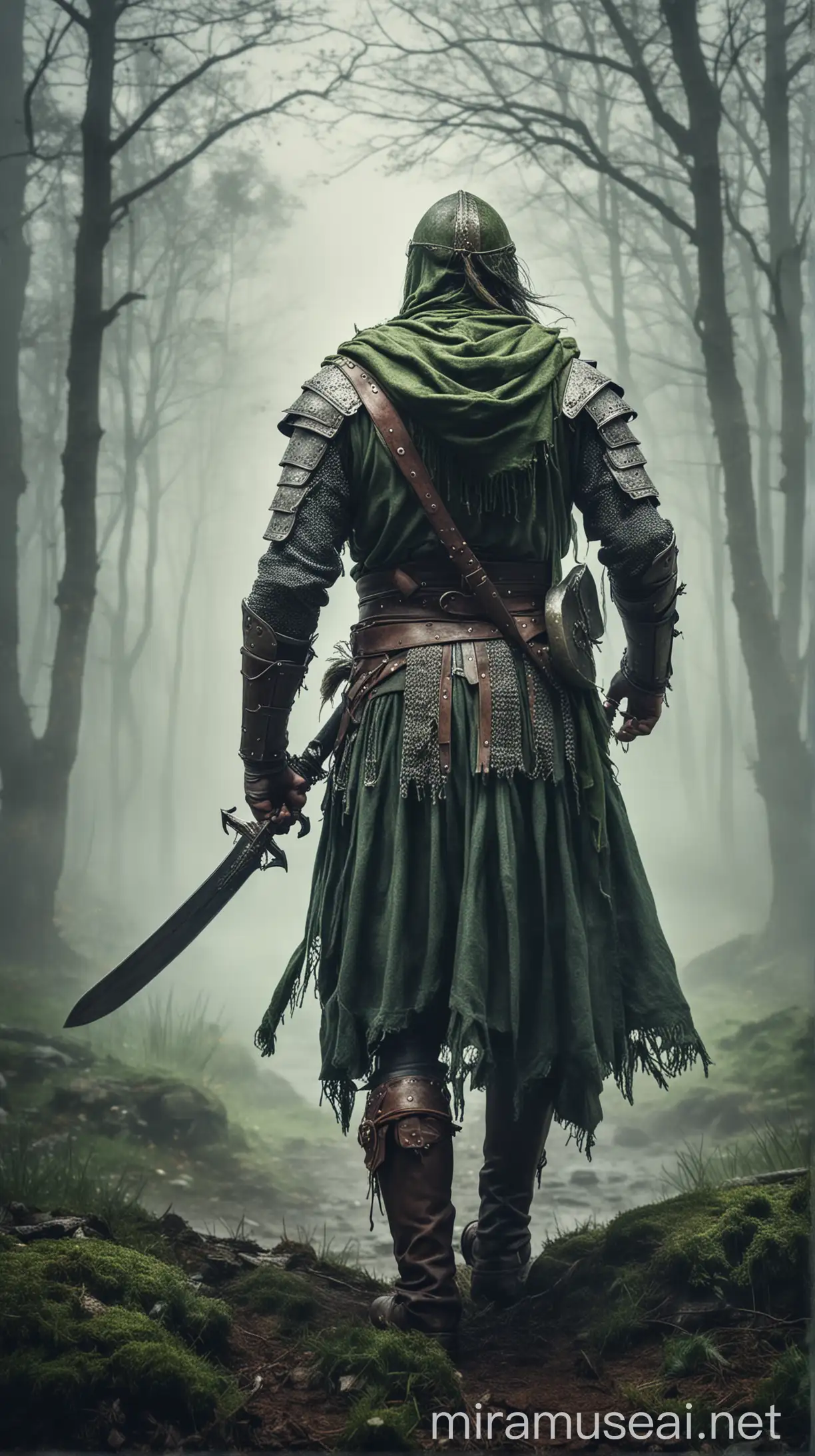 Medieval Warrior in Foggy Battlefield