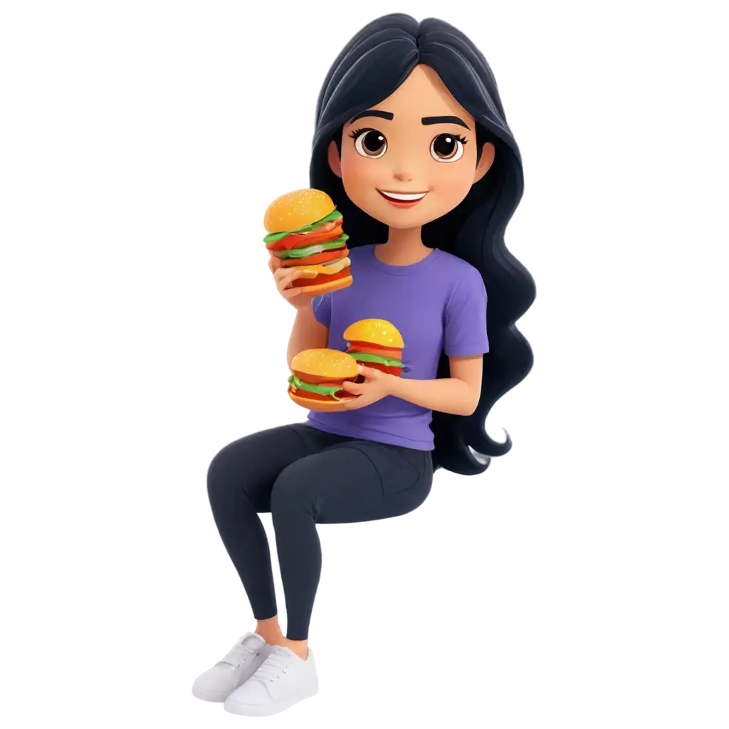 Cute-Cartoon-Girl-with-Long-Wavy-Black-Hair-Eating-Cheeseburger-PNG-Image