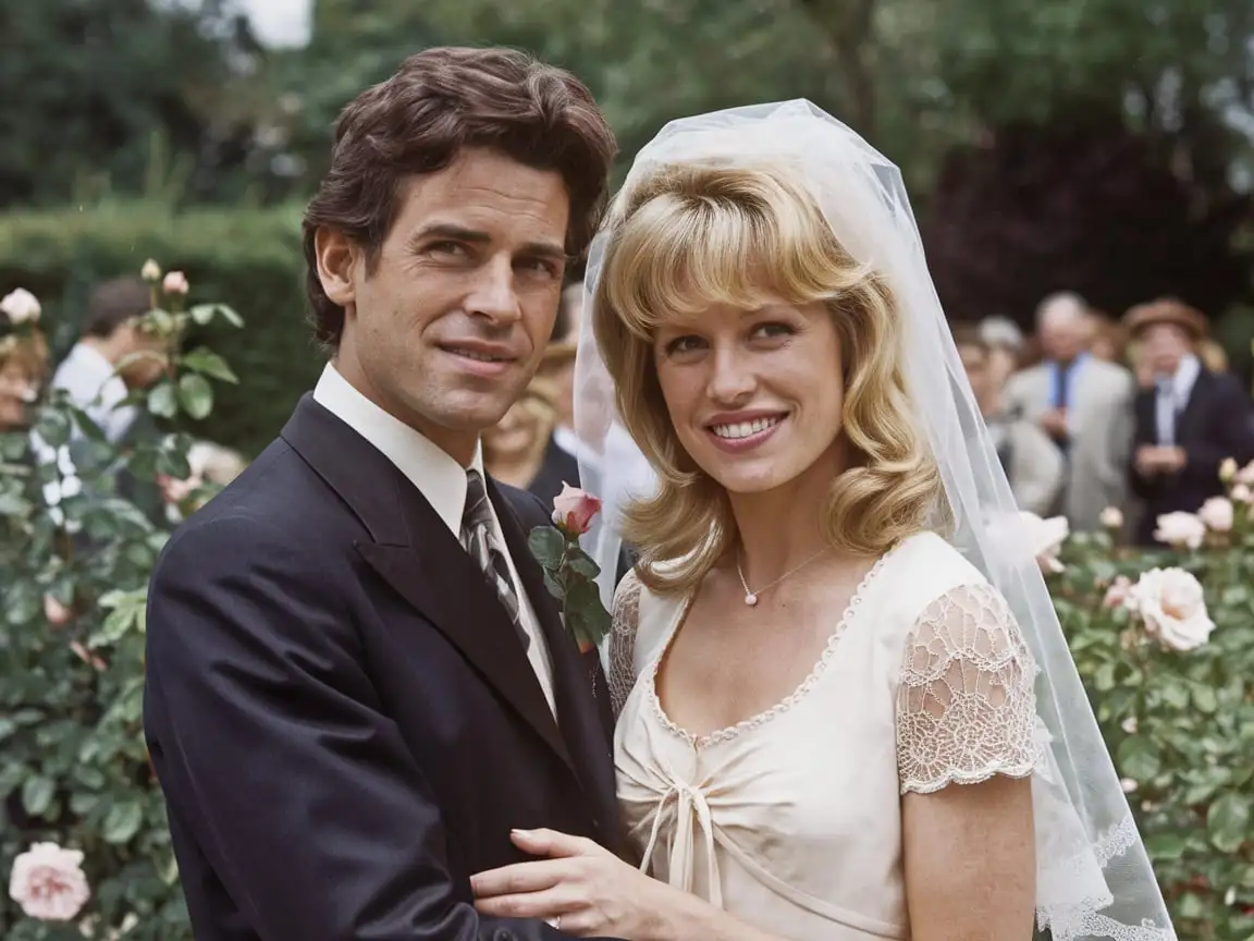 1980s Wedding Photo DarkHaired Groom and BlondeHaired Bride