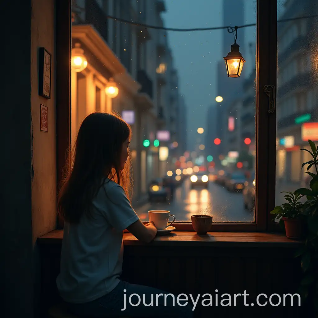 Sad-Girl-in-Coffee-Shop-Window-Overlooking-Noisy-City-with-Shimmering-Light