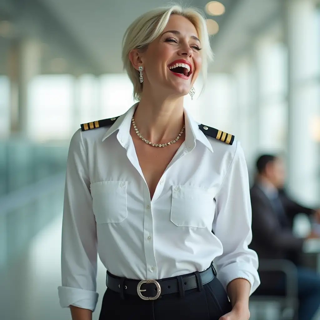 white norvegian pilot lady, in white deep-necked pilot shirt, laughing with her mouth open, red lipstick accentuating her smile,belt on waist, big wide hips, chest are fully grown, jewerly, short hair, HD, enjoing at airport , photo-realism