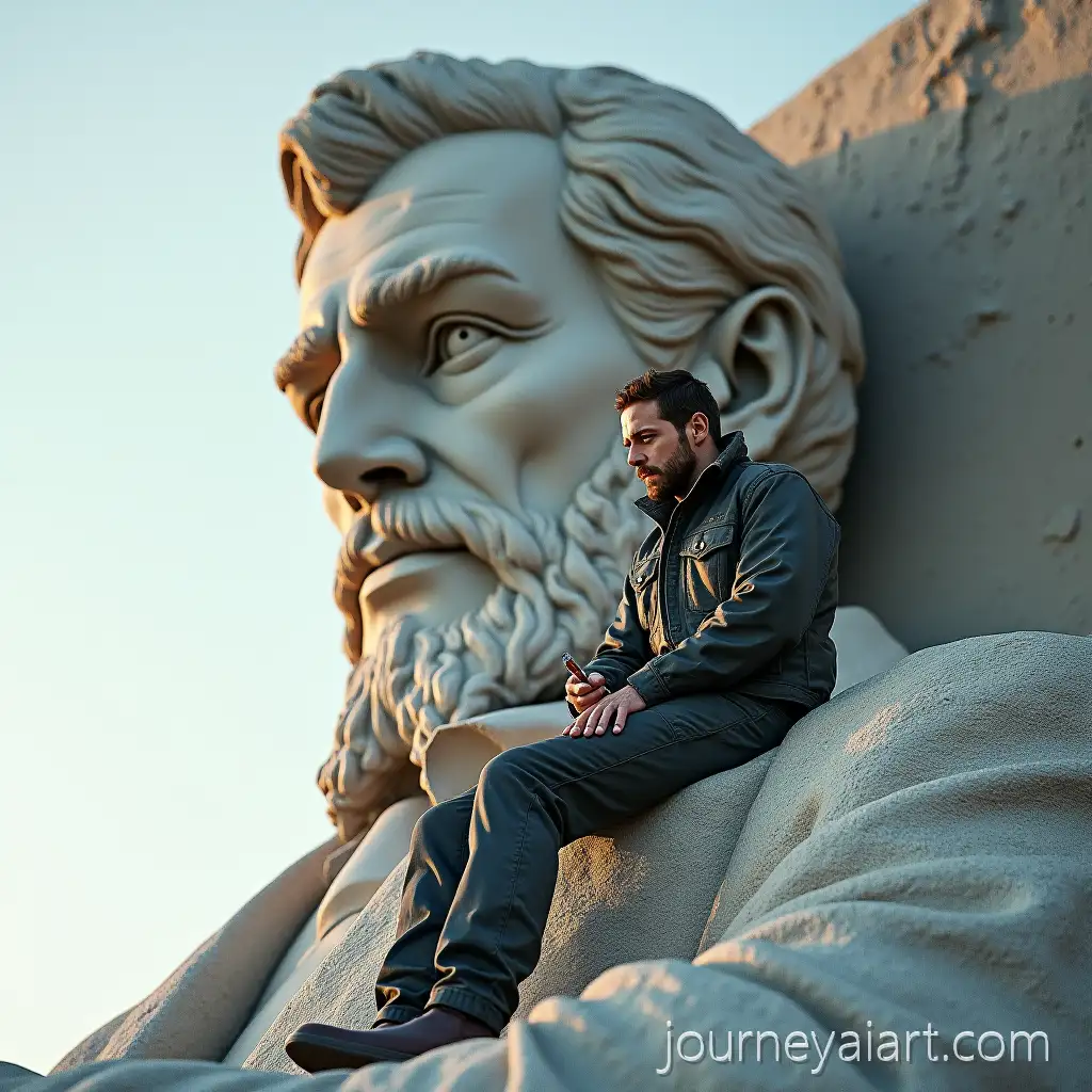 Person-Sitting-on-Shoulder-of-Monumental-HyperRealistic-Statue-of-Themselves