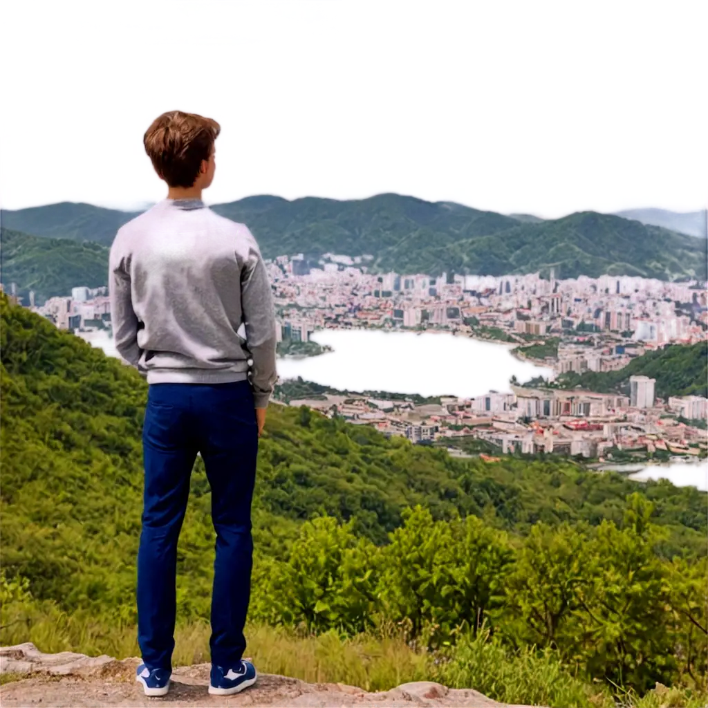 18YearOld-Boy-at-Hilltop-Admiring-Cityscape-Stunning-PNG-Image-of-Buildings-Mountains-and-Lakes