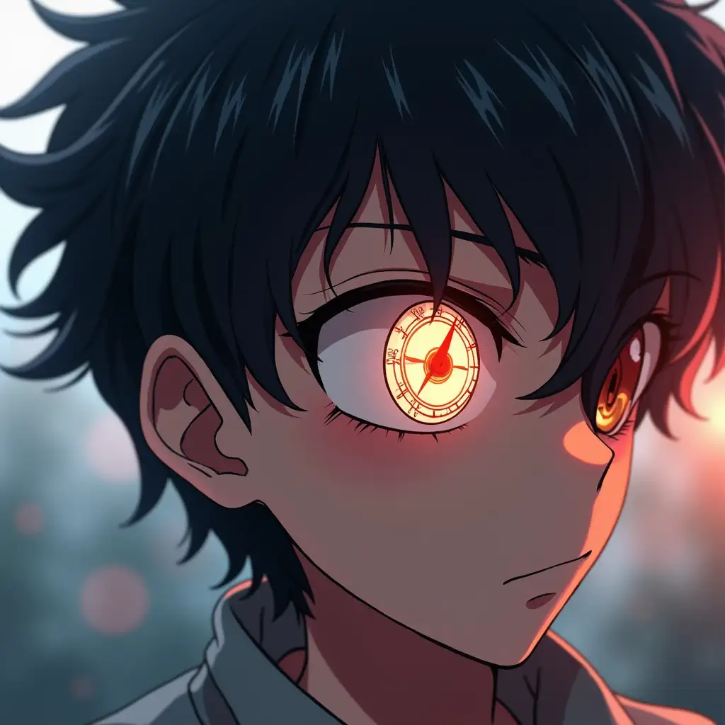 A boy who has super powers in one of his eyes, anime style, has a clock pupil