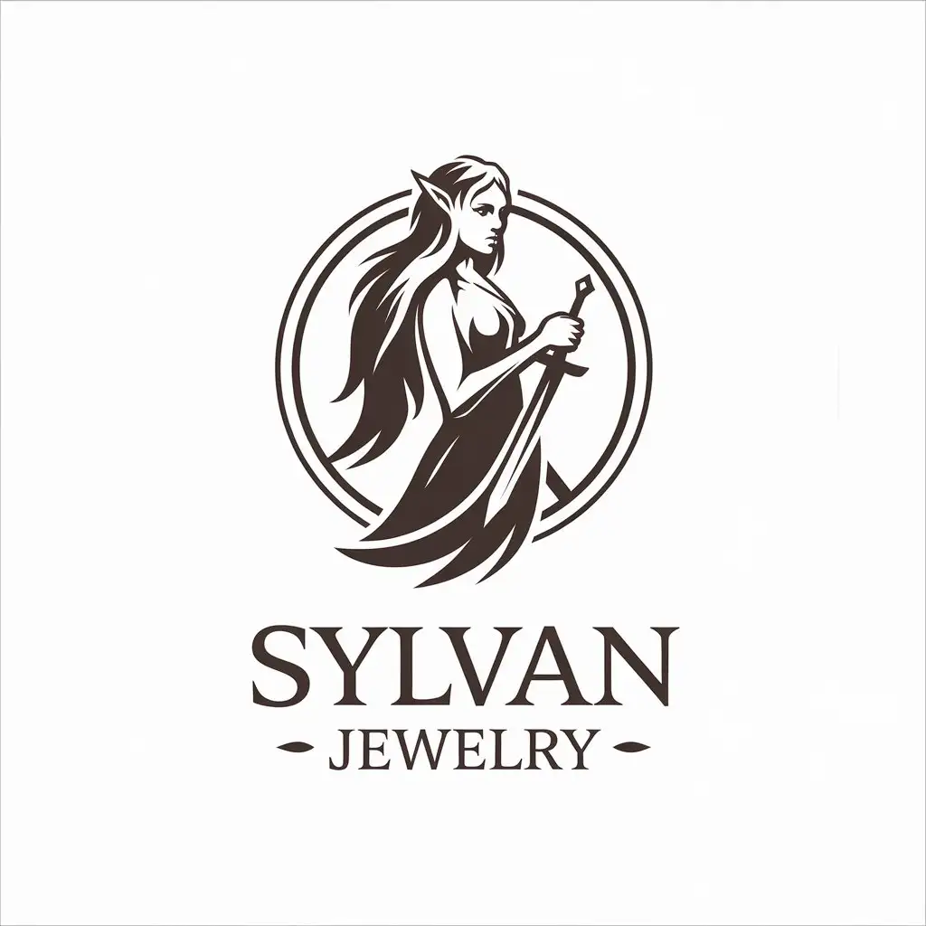 LOGO Design for Sylvan Jewelry Minimalistic Elven Woman with Sword Symbol