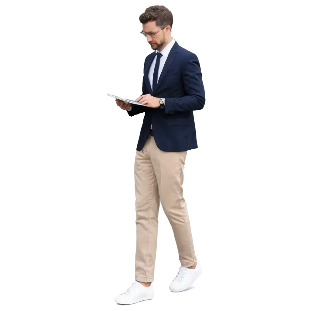 a man in formal wear full body with a notebook in hand and pen in another hand