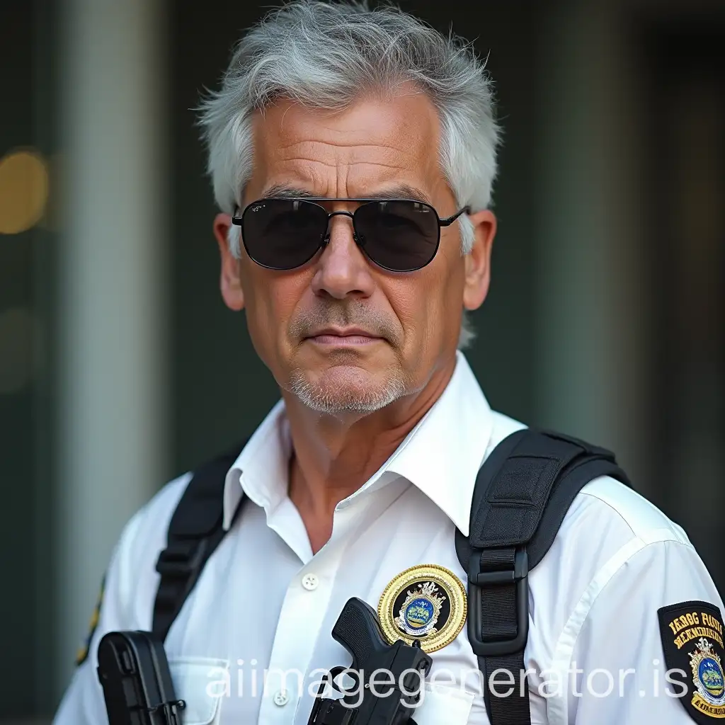 An FIB employee, gray-haired, in a white shirt with dark sunglasses, a badge of FIB on his chest and a pistol in an operational holster.